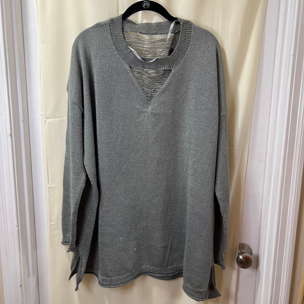 Lane Bryant Oversized Distressed Gray Knit Sweater Unique V-Neck Shredded-26/28